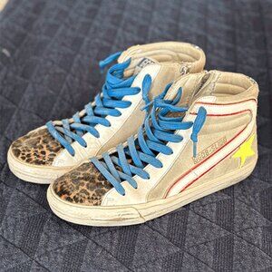 Golden Goose Slide High-Top Sneakers – Leopard Toe + Neon Star